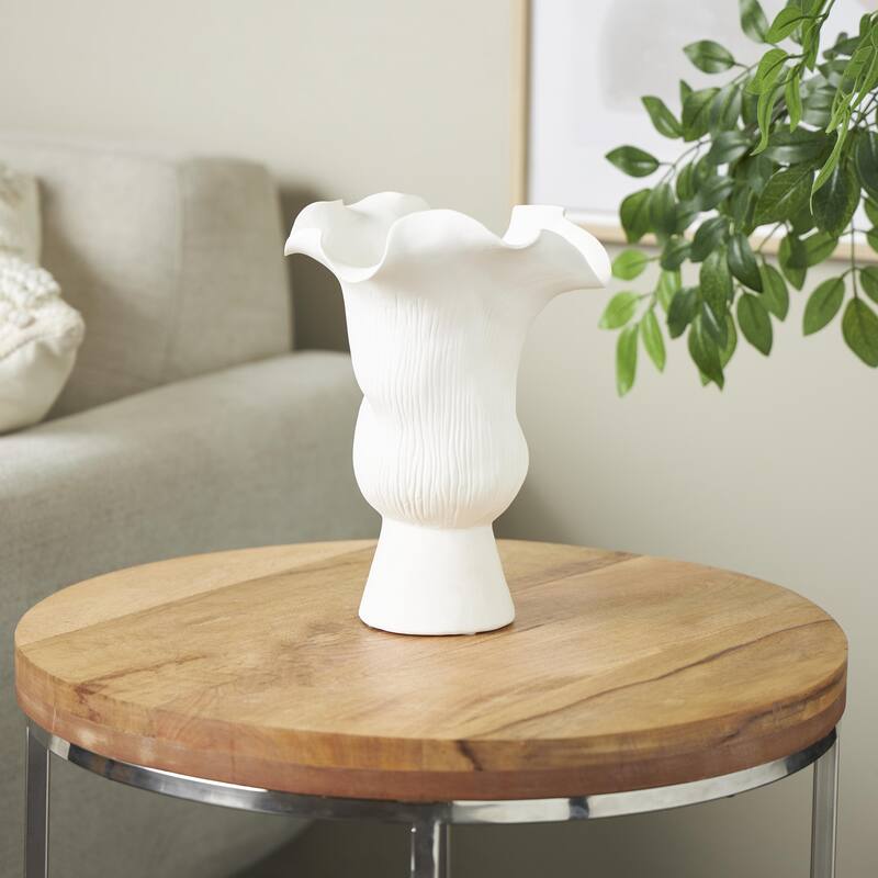 Ceramic Abstract Floral Inspired Vase with Wavy Folded Rim and Linear Grooves - White or Black - Roche River Decor