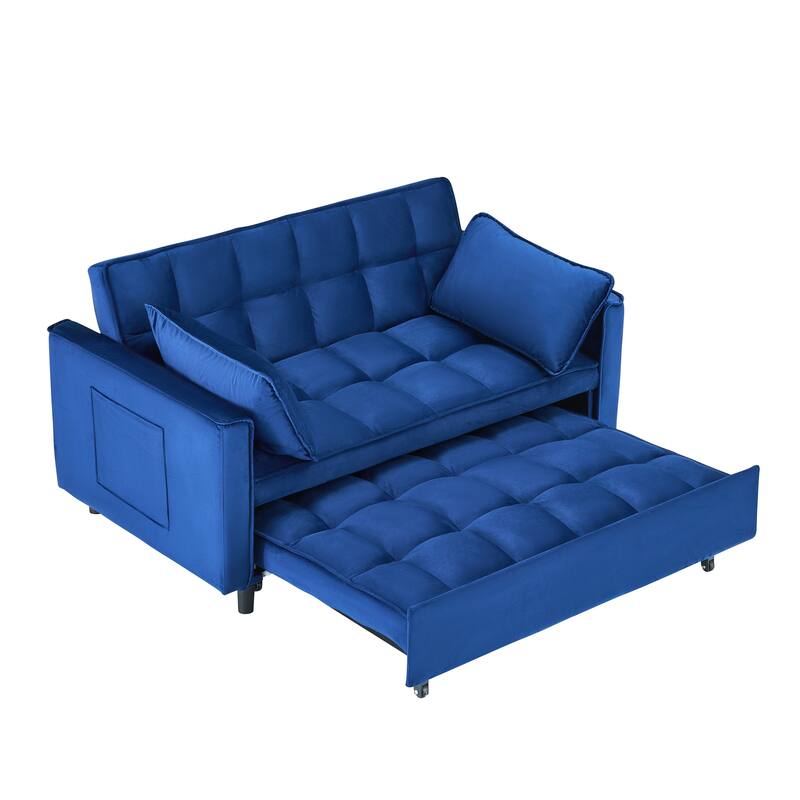 55-inch Blue Velvet Sofa with Pockets 3-in-1 Convertible