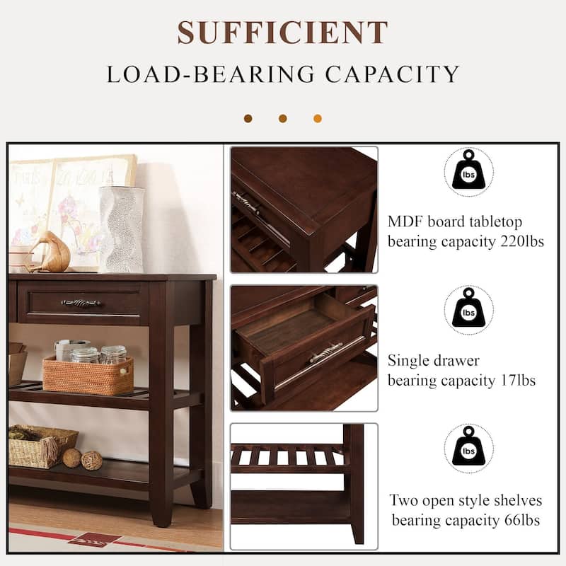 Mid-Century Style Console Sofa Table Solid Wood Buffet Sideboard with 2 Storage Drawers and 2 Tiers Shelves
