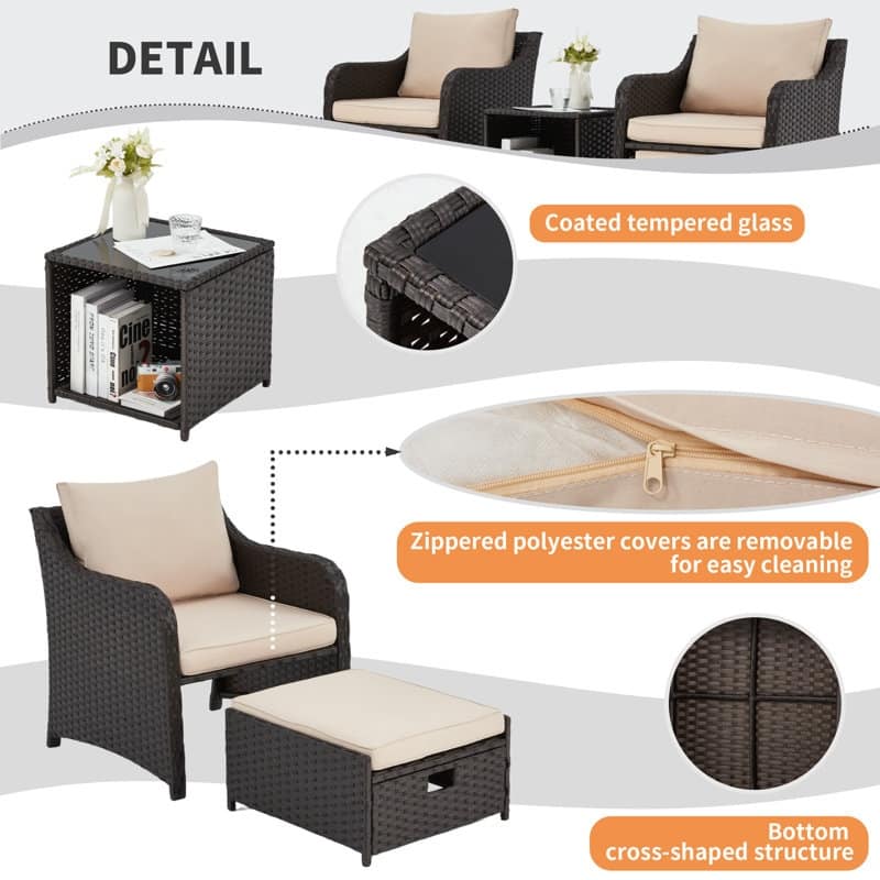 EROMMY 5-Piece Wicker Patio Furniture Set with Cushions - Rattan Chairs, Ottoman & Side Table for Balcony, Outdoor Lounge Set