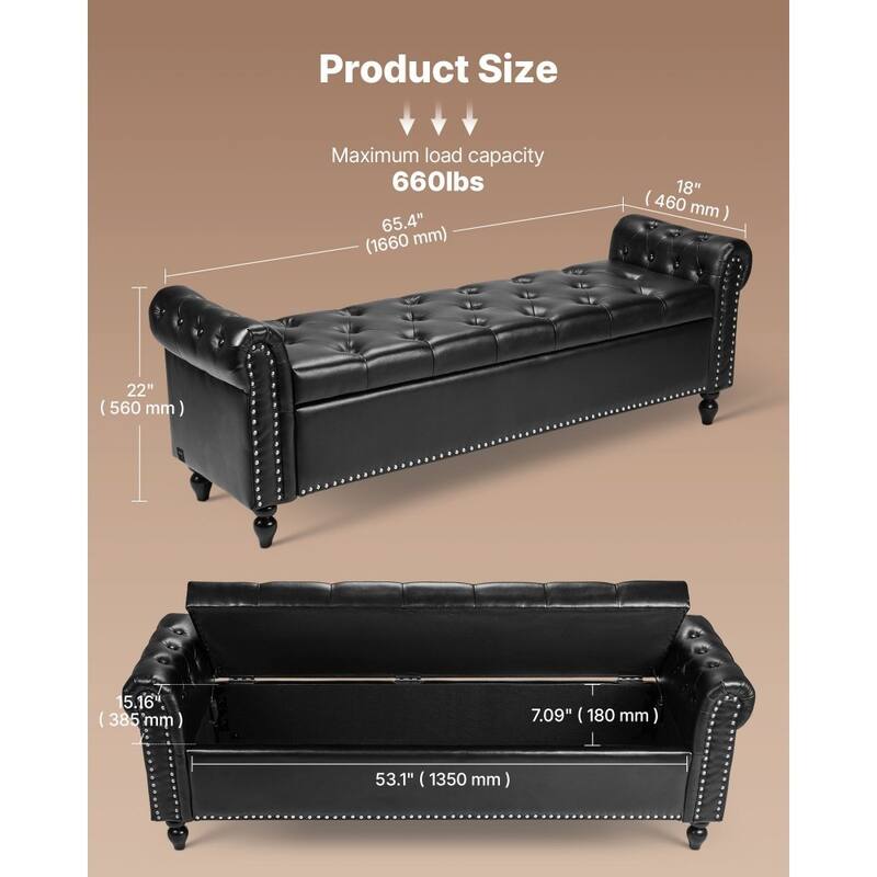 Modern PU Leather Storage Ottoman Bench with Soft-Close Hinges for Spacious Bedroom Organizer - 65.4”L x 22”W x 18”H