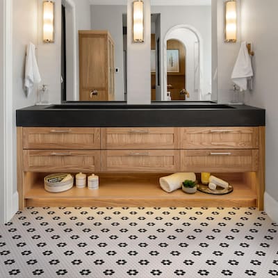 Merola Tile Metro 1" Hex Glossy Wht w/Flower 10-1/4"x11-7/8" Porcelain Mosaic Tile