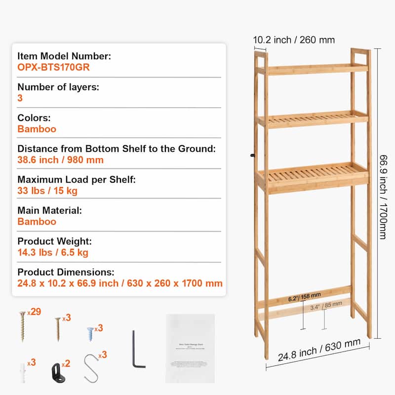 Sofucor Over The Toilet Storage,3-Tier Adjustable Bathroom Organizer,Bamboo Storage Shelf Rack with 3 Hooks,Bathroom Saver - N/A