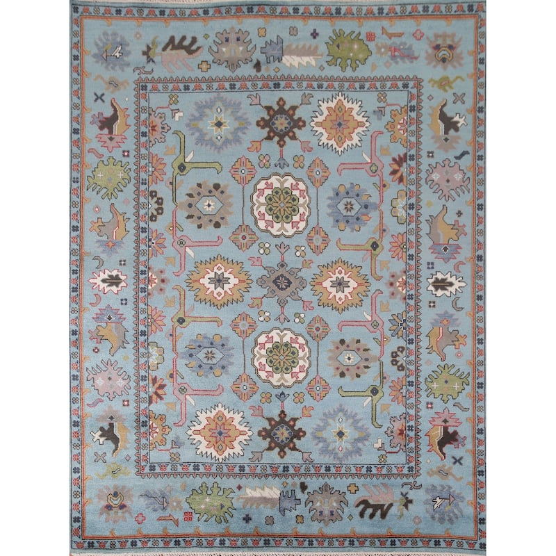 Blue Geometric Oushak Oriental Area Rug Handmade Wool Carpet - 8'2"x 9'9"