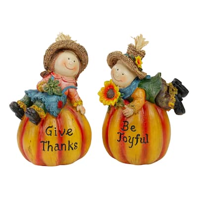 2 Girl Boy Scarecrow Pumpkins Sunflowers Leaf's Fall Figurines 6.5"
