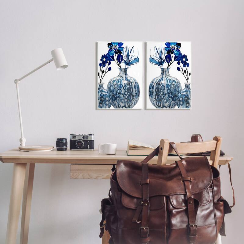 Stupell Bold Blue Ikebana Patterned Vase 2 Piece Wall Plaque Art Set by Jesse Keith