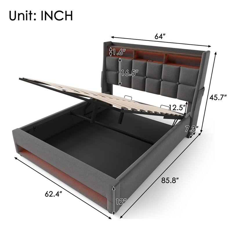 Queen Size Upholstered Platform Bed w/ a Hydraulic Storage System, LED