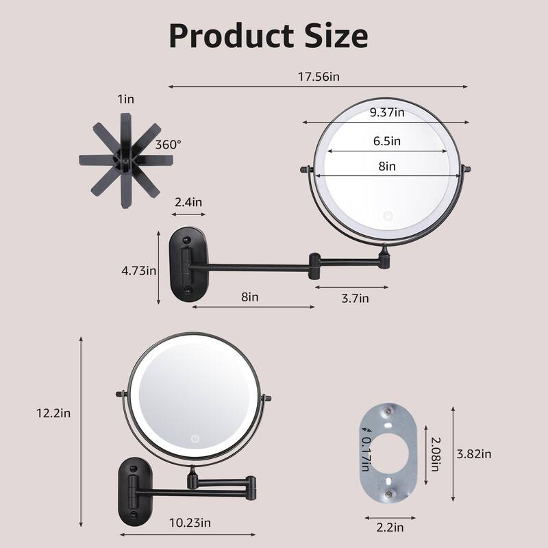 Yulika Rechargeable Lighted Wall Mounted Makeup Mirror with 3 Color Lights Double Sided 1X/10X or 1X/7X