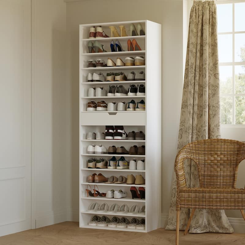 Tall White Shoe Cabinet with Adjustable Shelves, 14-Tier Narrow Shoe Rack Organizer with Drawer, Entryway