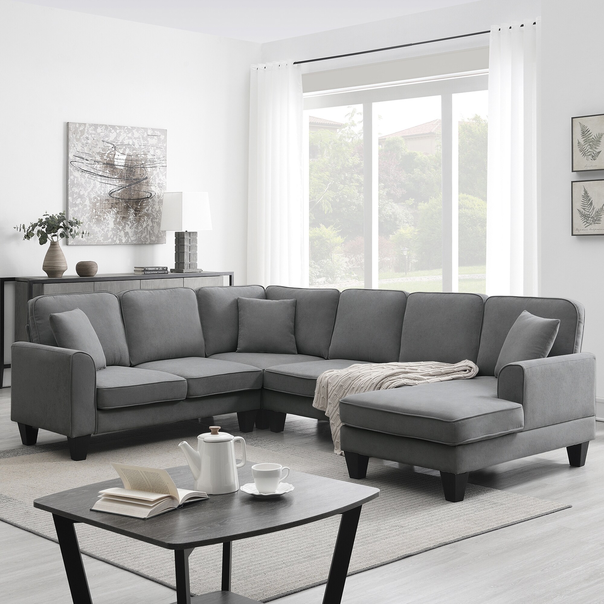 Modern U Shape Sectional Sofa with 3 Pillows 7 Seat Fabric