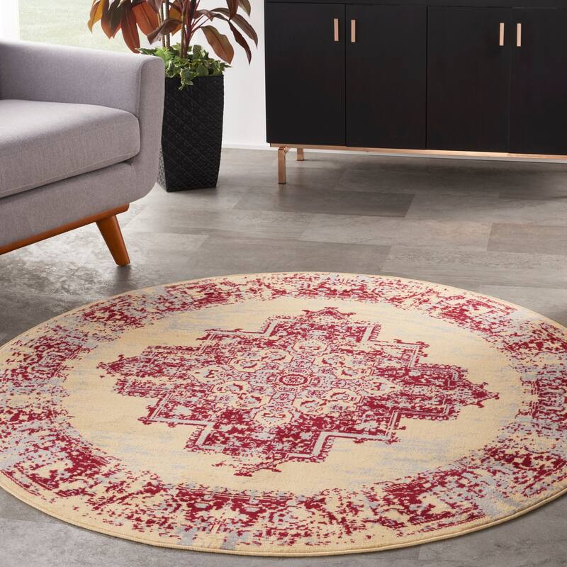 Nourison Grafix Distressed Vintage Medallion Area Rug - 5' Round - Red