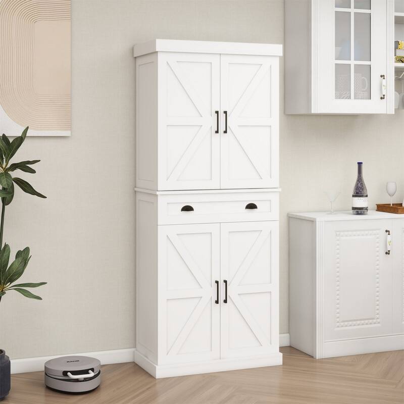 4 Doors Kitchen Pantry with 1 Drawer and 2 Adjustable Shelves - White