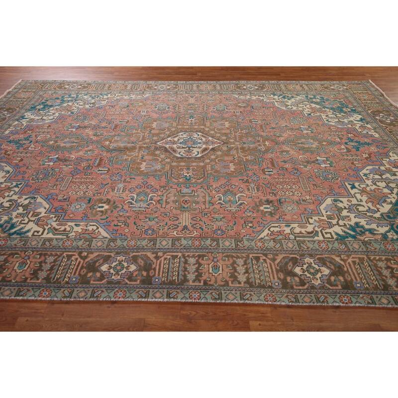 Pink Geometric Tabriz Persian Vintage Rug Hand-Knotted Wool Carpet - 9'7" x 12'10"