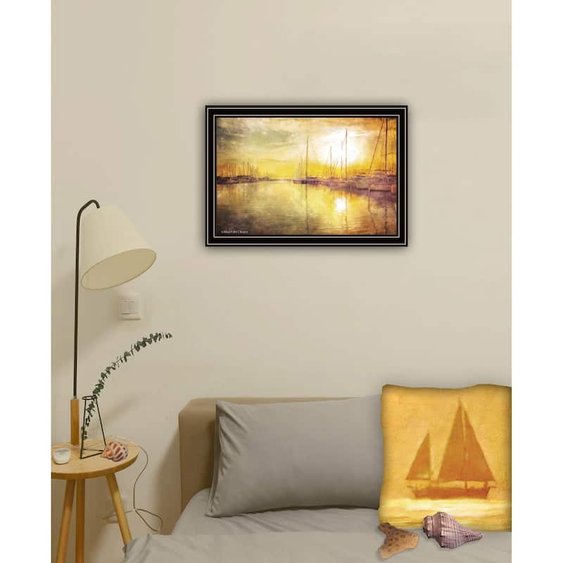 TrendyDecor4U Contemporary "Yellow Sunset Boats In Marina " Framed Print Wall Art