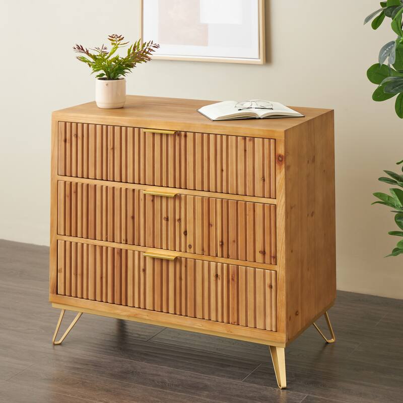 Brown Wooden Ribbed 3 Drawers Room Cabinet with Gold Handles and Legs - 20"W x 36"L x 32"H
