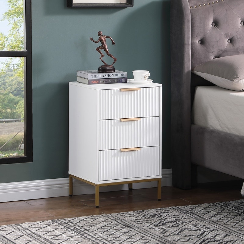 3-Drawer Nightstand with Metal Legs and Wavy Drawer Panels for Bedroom