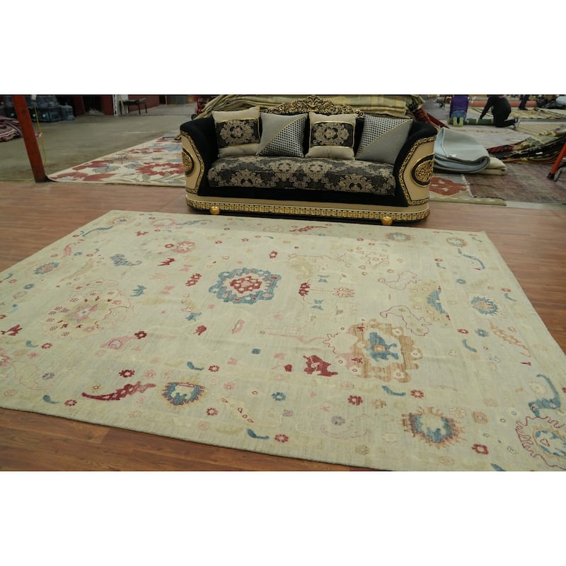 Vegetable Dye Wool Oushak Turkish Area Rug, Floral Geometric Carpet - 12' 2'' X 8' 11''