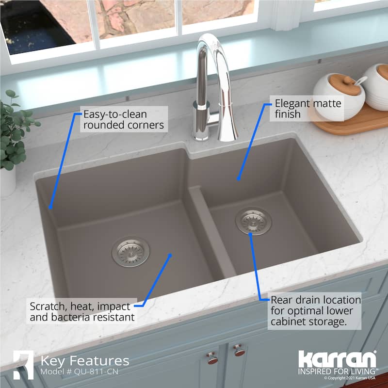Karran Undermount Large/Small Bowl Quartz Kitchen Sink - 32" x 21.25" x 9" - 32" x 21.25" x 9"