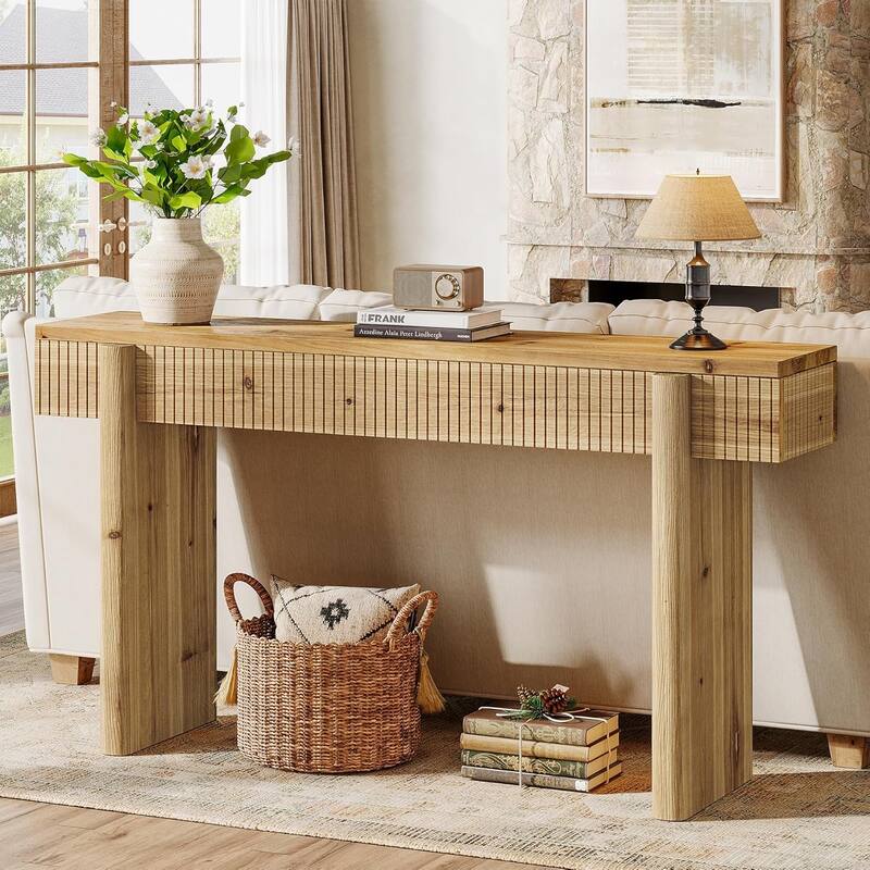 55 Inch Solid Wood Entryway Console Table with Grooves Detail