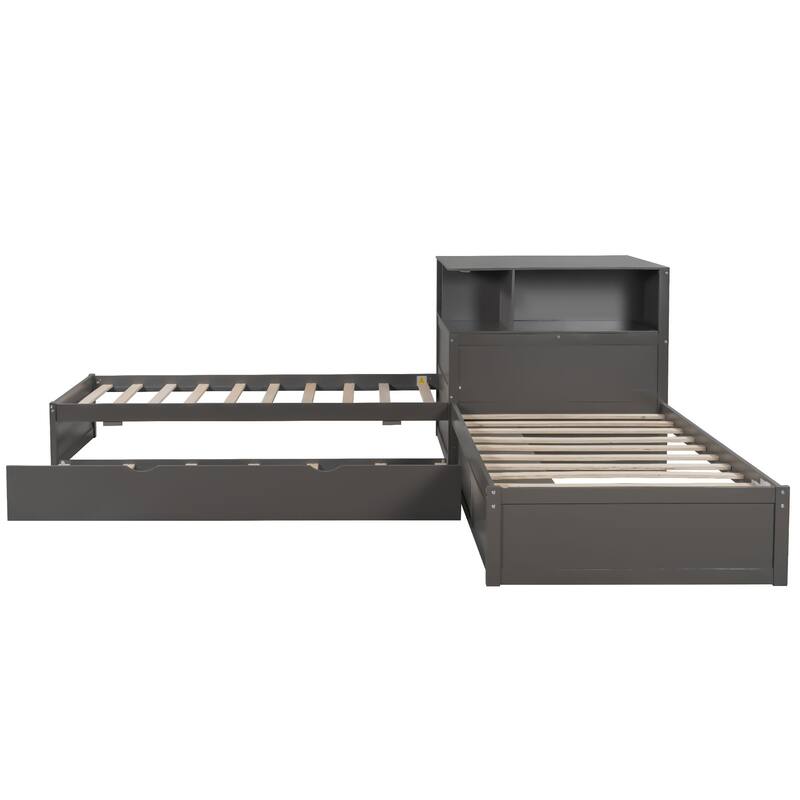 Twin Size L-shaped Bed Frame with Trundle Bed and Storage Cabinets, Desk, Lighting, Corner Platform Storage Bed Frame