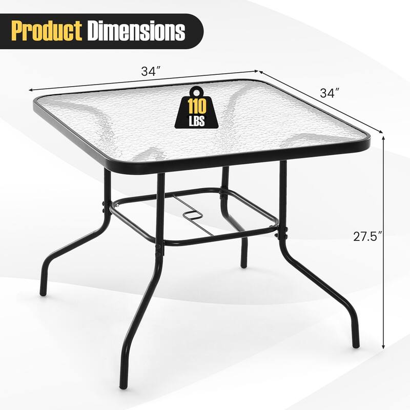 Costway 34 Inch Outdoor Dining Table Square Tempered Glass Table with - See Details