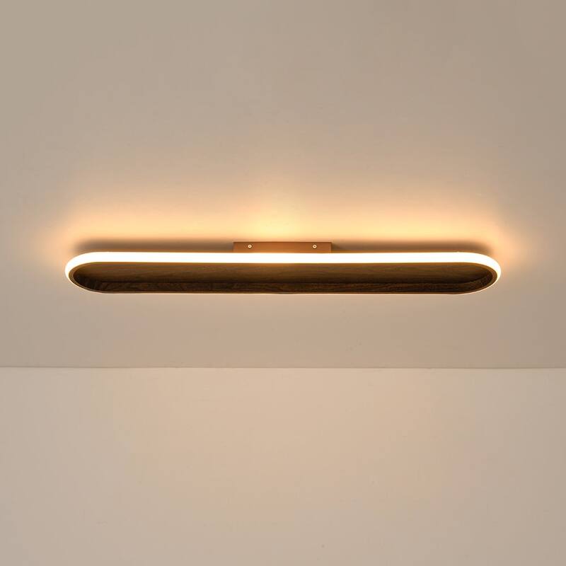 Minimalist Walnut Wood Linear Oval Dimmable LED Semi Flush Mount - 31.7 Inches