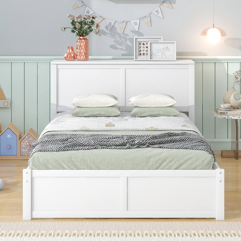 White Full Size Platform Bed with Twin Trundle and Pull-Out Storage Shelves