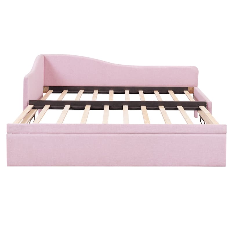 Twin Size L-Shaped Upholstered Daybed with Pop-Up Trundle in Pink