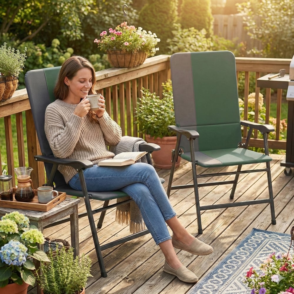 Outsunny Folding Patio Chairs Set of 2, Padded High Back Folding Lawn Chairs with Armrests, 600D Oxford Fabric