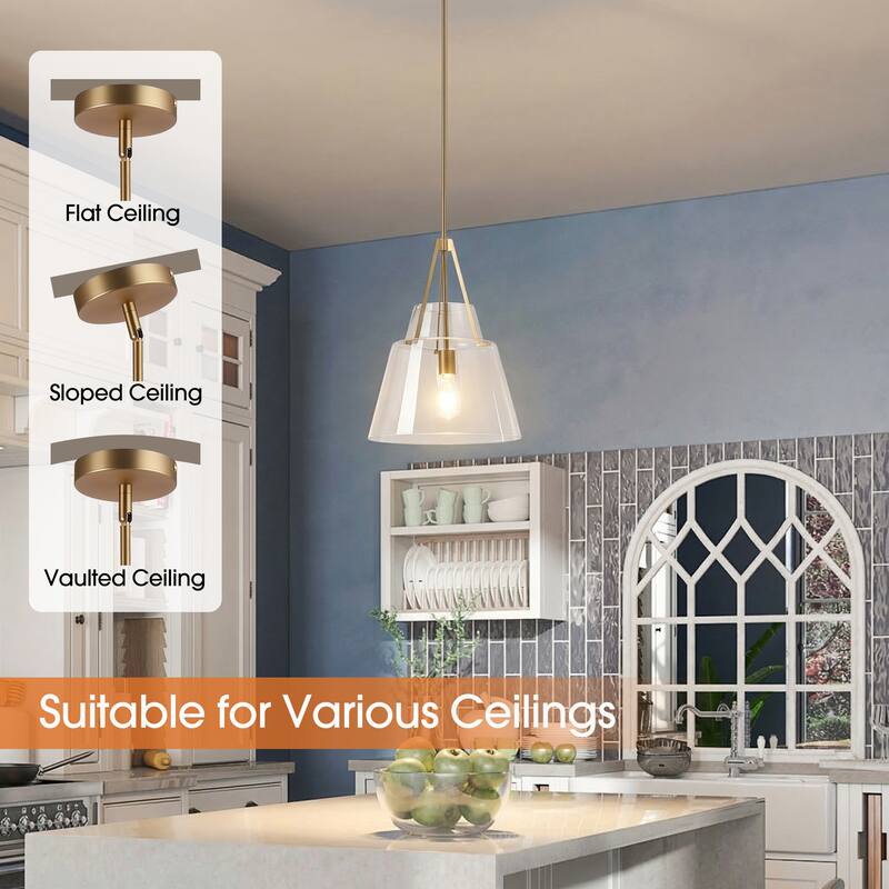 15" Contemporary Brass Tapered Glass Kitchen Island Pendant Light Adjustable Hanging Chandelier