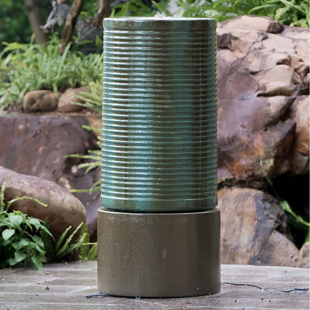 19.5x19.5x43.5" Large Concrete Cylinder Green & Brown Ribbed Water Fountain, Outdoor Bird Feeder / Bath Fountain