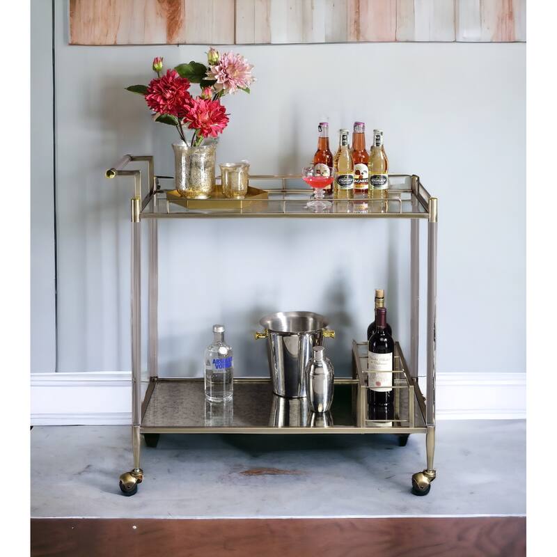 Cirro Antique Mirror & Wire Brass Finish Serving Cart(no include stool)