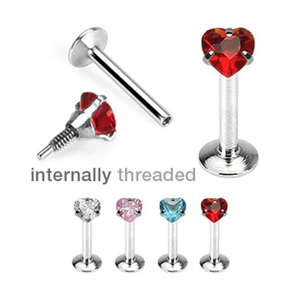 Surgical Steel Internally Threaded Heart CZ Prong-Set Labret - 16GA 5/16" Long (3mm Ball) (Sold Ind.)