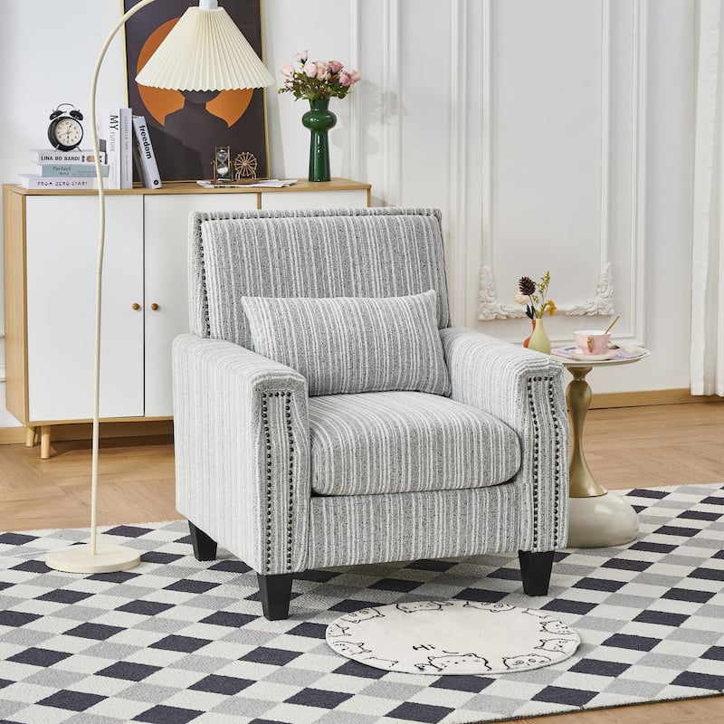 Modern Accent Chair with Arms,Comfy Upholstered Armchair for Living Room,Grey and White Striped Armchair with Nailhead Trim