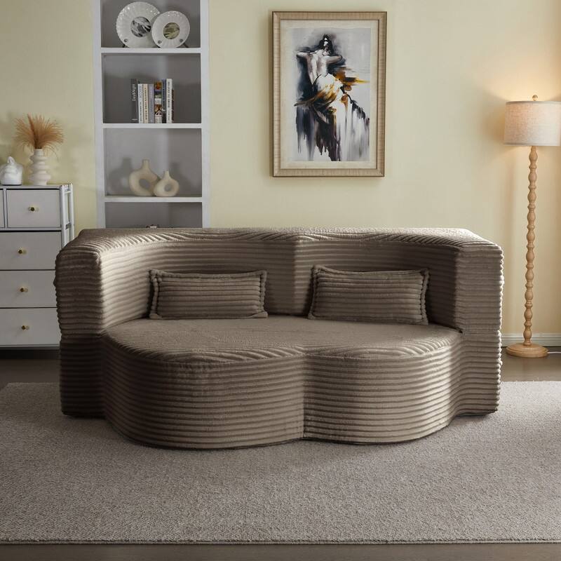Modern 78" Full Size Convertible Corduroy Foam-Filled Sleeper Sofa,Modern Floor Sofa with 2 Pillows - Coffee