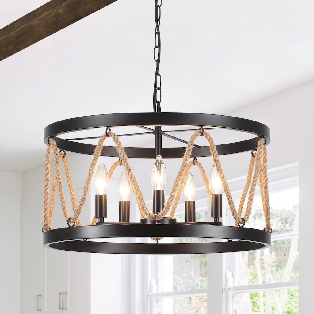 Modern 5-Light Hand-Woven Hemp Rope Drum Chandelier for Dining Room, Classic Semi Flush Mount Chandelier - W19.68"x H9.44"