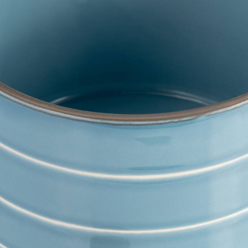 Sagebrook Home Ceramic Planter on Wooden Base Contemporary Coastal Sky Blue and White Striped Design Indoor or Outdoor