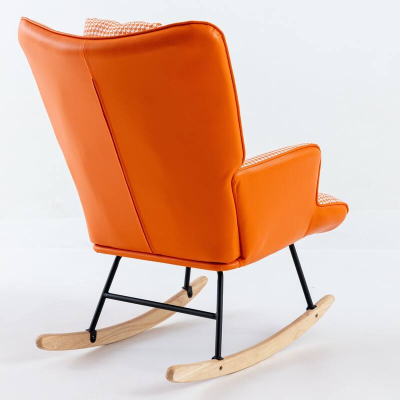 35.5 inch Rocking Chair, Soft Houndstooth Fabric Leather Fabric Chair, Comfy Wingback Glider Rocker with Safe Solid Wood Base