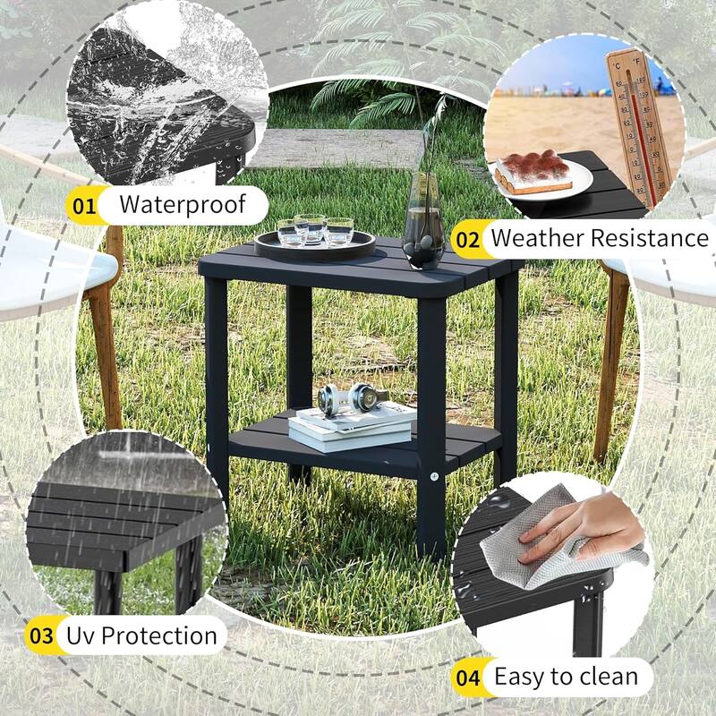 Outdoor Side Table & End Table, 2-Tier Waterproof Resin Patio Table, Square End Table with Shelf for Porch, Balcony, Garden