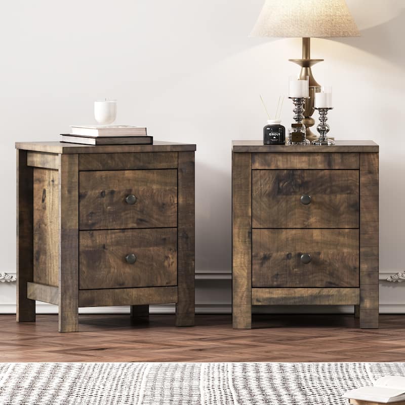Farmhouse Wooden 2-Piece Nightstand with Retro Design and 2 Drawers