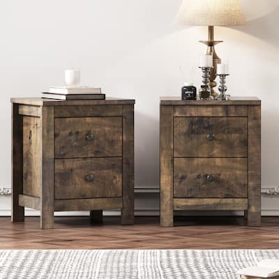 Farmhouse Wooden Nightstand Set of 2 with Retro Design