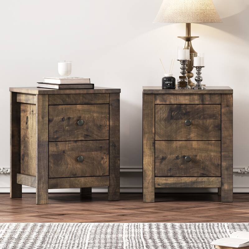 Set of 2 Farmhouse Wooden Nightstands with Retro Design and Storage