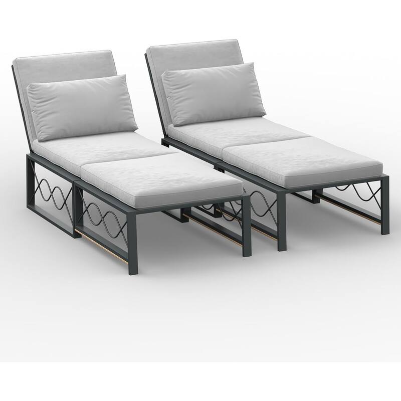 AECOJOY Outdoor Metal Chaise Lounge Chair, Convertible Patio Armchair with Cushions, Adjustable 5-Position Sun Recliner - Grey -2-Piece