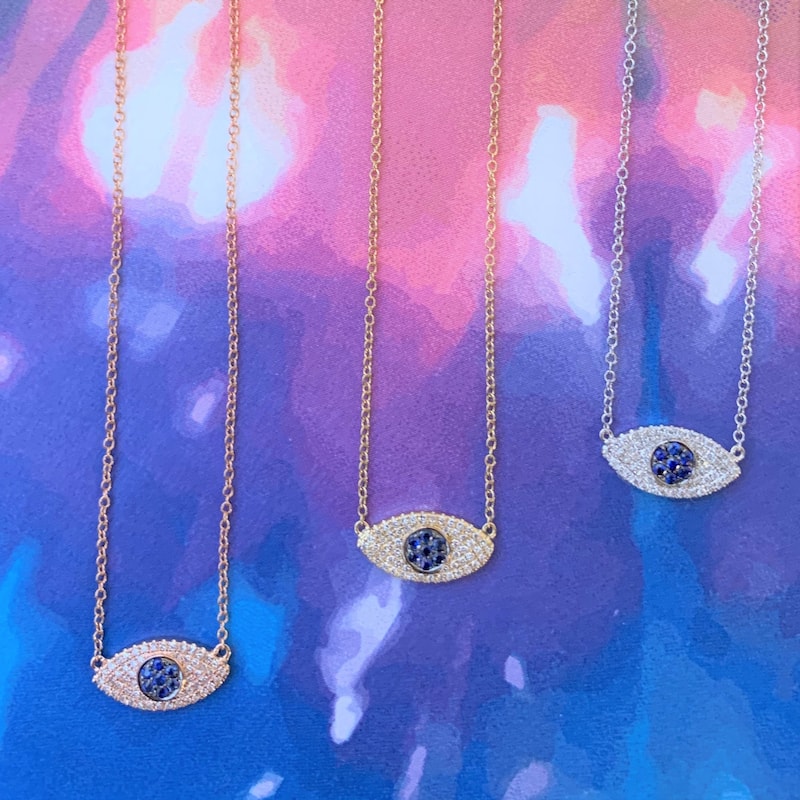 Joelle Collection Evil Eye Necklace 14K Gold Diamond & Sapphire