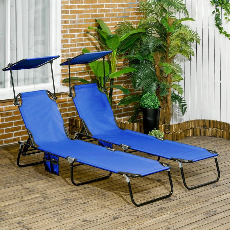 Outdoor Folding Recliner with Side Pocket and Awning