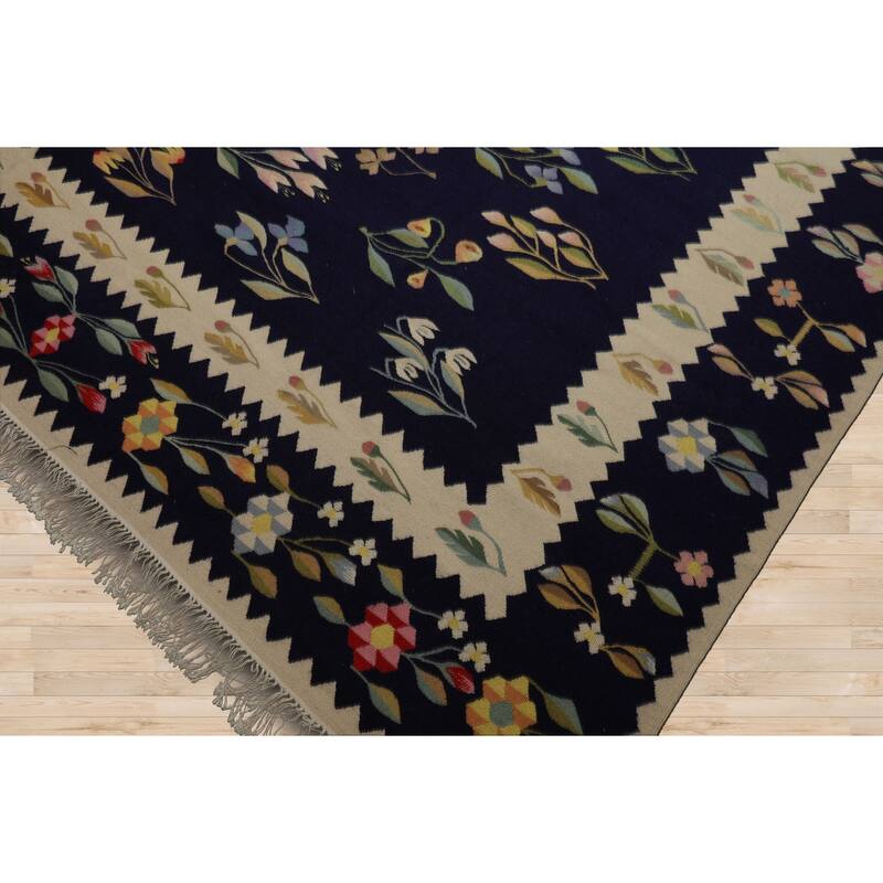 8'5''x10'5'' Hand Woven Wool Navy Kilim Traditional Flatwoven Rug - 8' 5'' x 10' 5''