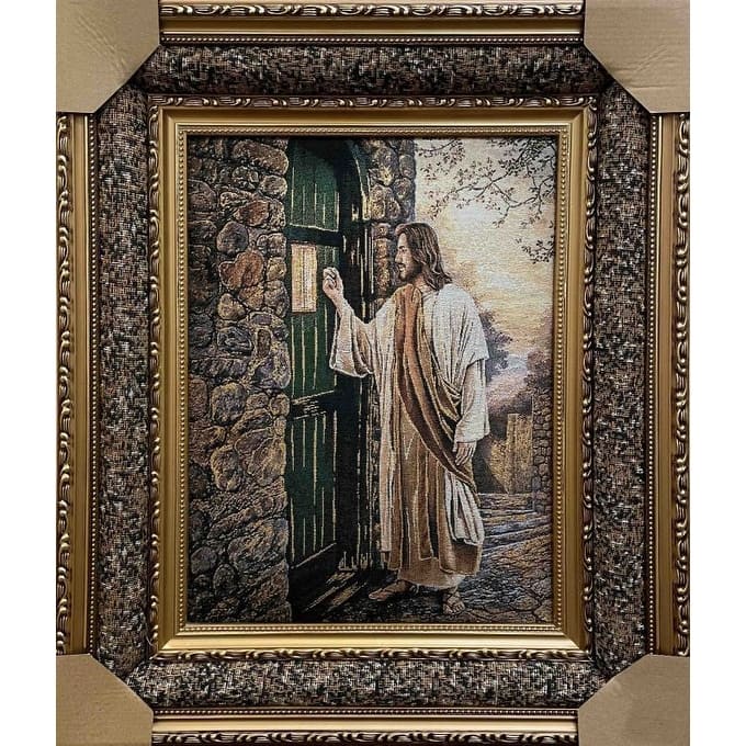 Jesus Knocking On Green Door Framed Tapestry
