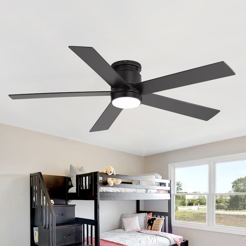 42"/52" Modern Black Flush Mount Ceiling Fan with LED Light and Remote - Matte Black-52"