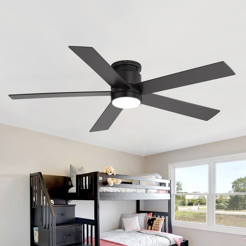52-inch Black Flush Mount Ceiling Fan with LED Light and Remote - Remote