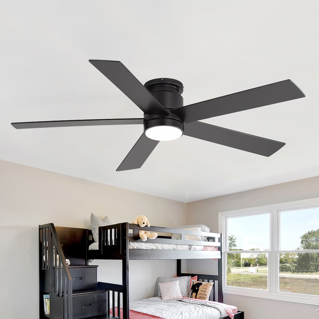 52-inch Black Flush Mount Ceiling Fan with LED Light and Remote
